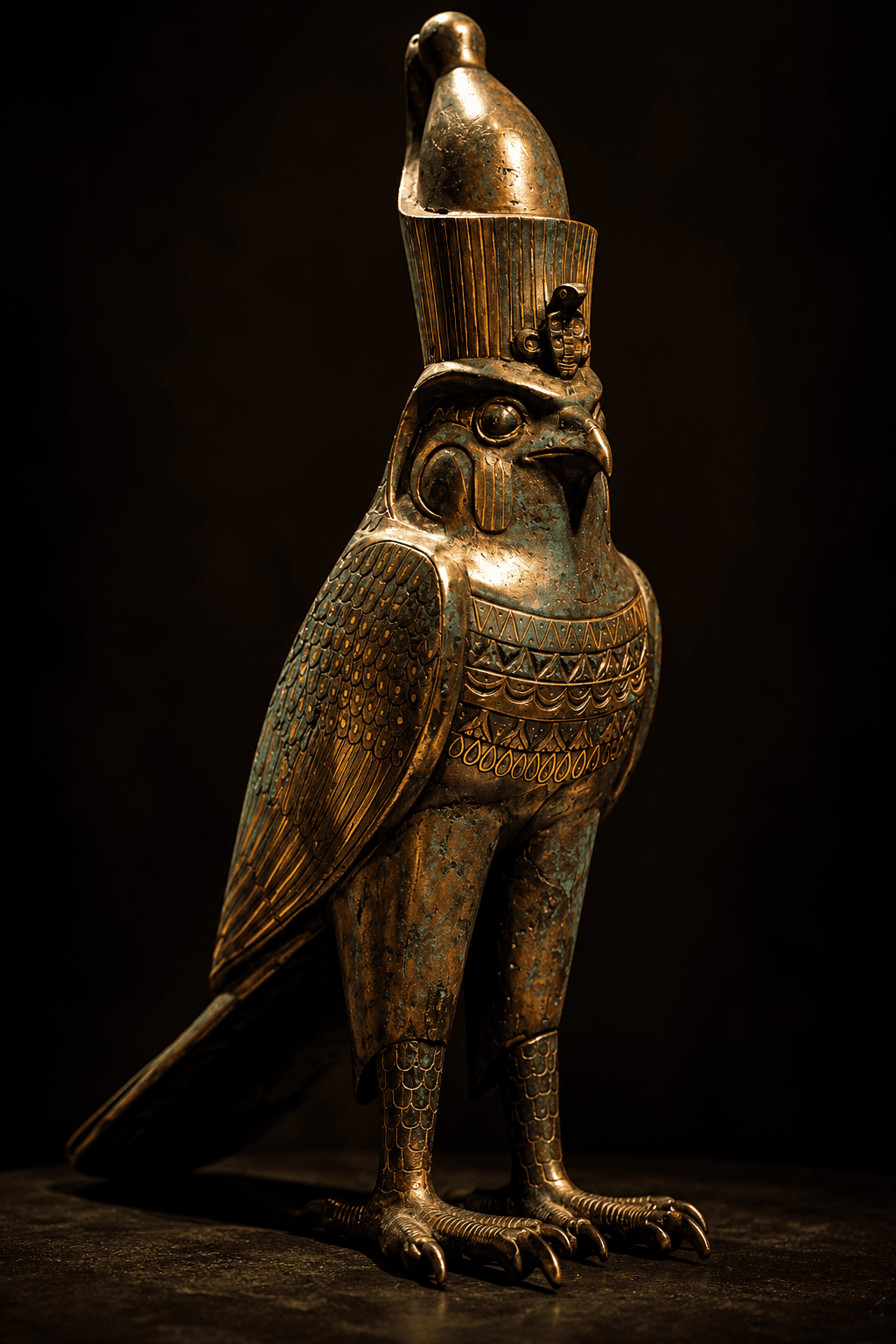 Estatuilla de bronce de Horus en forma de halcón con la doble corona, sobre fondo oscuro